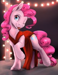Size: 1785x2310 | Tagged: safe, artist:silfoe, pinkie pie, earth pony, pony, g4, :p, clothes, commission, cute, diapinkes, dress, empty eyes, female, lights, mare, side slit, solo, tongue out, total sideslit, unshorn fetlocks