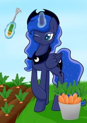 Size: 1024x1449 | Tagged: safe, artist:mimicproductions, princess luna, alicorn, pony, g4, carrot, farmer, female, food, garden, glowing horn, horn, retirement, solo