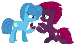 Size: 1812x1080 | Tagged: safe, artist:徐詩珮, fizzlepop berrytwist, spring rain, tempest shadow, pony, unicorn, g4, base used, broken horn, female, horn, lesbian, mare, ring, ship:springshadow, shipping, simple background, transparent background