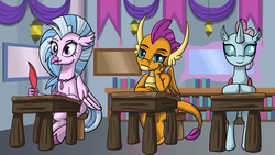 Size: 1920x1080 | Tagged: safe, artist:kenisu-of-dragons, ocellus, silverstream, smolder, changedling, changeling, classical hippogriff, dragon, hippogriff, g4, bored, classroom, female, quill, school of friendship, sitting, trio