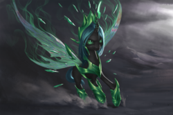 Size: 2560x1707 | Tagged: safe, artist:amarthgul, queen chrysalis, changeling, changeling queen, g4, the ending of the end, armor, crown, female, flying, high res, insect wings, jewelry, regalia, solo, ultimate chrysalis, wings