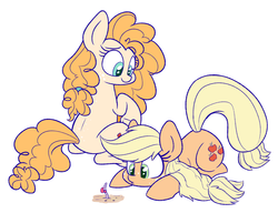 Size: 1280x981 | Tagged: safe, artist:heir-of-rick, applejack, pear butter, earth pony, earthworm, pony, worm, g4, bow, cute, female, jackabetes, mare, mother and daughter, pearabetes, prone, simple background
