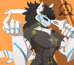 Size: 3100x2700 | Tagged: safe, artist:mopyr, oc, oc only, oc:erell, cyborg, hybrid, original species, shark, shark pony, anthro, abs, beckoning, black sclera, clothes, gloves, high res, katana, long gloves, male, muscles, solo, sword, weapon