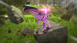 Size: 3840x2160 | Tagged: safe, artist:alicorntwilysparkle, twilight sparkle, alicorn, pony, g4, season 9, 3d, action, female, forest, grass, high res, horn, jumping, looking at you, magic, mare, nose wrinkle, revamped ponies, rock, solo, source filmmaker, tree, twilight sparkle (alicorn)