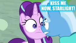 Size: 1280x720 | Tagged: safe, edit, edited screencap, screencap, starlight glimmer, trixie, pony, g4, student counsel, boop, caption, female, image macro, lesbian, noseboop, ship:startrix, shipping, text