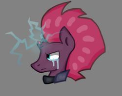 Size: 900x713 | Tagged: safe, artist:hunterthewastelander, tempest shadow, pony, unicorn, g4, broken horn, bust, crying, female, gray background, horn, mare, simple background, solo, sparking horn