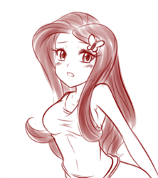 Size: 1280x1443 | Tagged: safe, artist:trainbang, fluttershy, equestria girls, g4, armpits, breasts, busty fluttershy, doodle, female, looking at you, monochrome, solo
