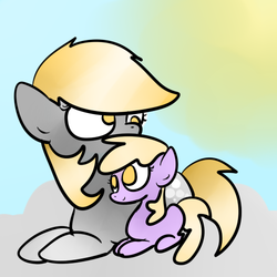 Size: 500x500 | Tagged: safe, artist:wisheslotus, derpy hooves, dinky hooves, pegasus, pony, unicorn, g4, duo, female, filly, looking back, mare, missing horn, missing wing, mother and daughter, no pupils, prone, sun