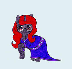 Size: 2256x2152 | Tagged: safe, artist:coraline15, oc, oc only, oc:curse word, pony, unicorn, clothes, dress, female, glasses, high res, horn, mare, raised hoof, simple background, solo, traditional art, unicorn oc