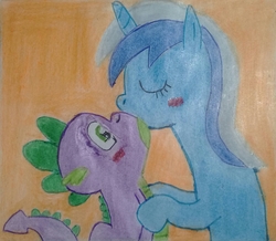 Size: 1847x1610 | Tagged: artist needed, source needed, safe, minuette, spike, dragon, pony, unicorn, g4, blushing, female, hug, interspecies, kissing, love, male, ship:spigate, shipping, straight, traditional art