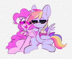 Size: 1133x937 | Tagged: safe, artist:poneko-chan, pinkie pie, rainbow dash, earth pony, pegasus, pony, chromatic aberration, coconut, duo, female, food, glasses, heart shaped glasses, mare, popsicle, simple background, sunglasses, white background