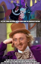 Size: 500x776 | Tagged: safe, edit, edited screencap, screencap, cozy glow, lord tirek, queen chrysalis, g4, the summer sun setback, caption, condescending wonka, female, filly, former queen chrysalis, gene wilder, image macro, meme, roald dahl, text, willy wonka, willy wonka and the chocolate factory, wonka bar