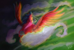 Size: 1280x880 | Tagged: safe, artist:mad munchkin, firefly, pony, g1, cloud, deviantart watermark, female, flying, hoers, obtrusive watermark, signature, sky, smiling, solo, spread wings, watermark, wings