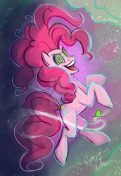 Size: 1280x1862 | Tagged: safe, artist:mad--munchkin, pinkie pie, earth pony, pony, g4, the ending of the end, chaos pinkie, deviantart watermark, female, laughing, obtrusive watermark, open mouth, signature, solo, swirly eyes, watermark, xk-class end-of-the-world scenario