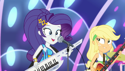 Size: 1920x1080 | Tagged: safe, screencap, applejack, pinkie pie, rarity, equestria girls, equestria girls specials, g4, my little pony equestria girls: better together, my little pony equestria girls: spring breakdown, all good (song), bass guitar, beautiful, cute, duo focus, female, happy, jackabetes, keytar, microphone, microphone stand, musical instrument, offscreen character, raribetes, singing, sleeveless, smiling, stage