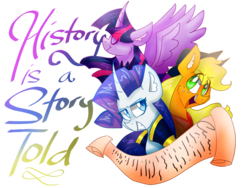 Size: 1024x768 | Tagged: safe, artist:emuuanne, applejack, rarity, twilight sparkle, alicorn, pony, the count of monte rainbow, g4, a story told, bust, clothes, curved horn, female, grin, horn, lyrics, open mouth, scroll, simple background, smiling, spread wings, text, the count of monte cristo, transparent background, trio, trio female, twilight sparkle (alicorn), wings