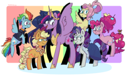 Size: 2307x1383 | Tagged: safe, artist:redrose26, applejack, fluttershy, pinkie pie, rainbow dash, rarity, twilight sparkle, alicorn, earth pony, pegasus, pony, unicorn, g4, the last problem, end of ponies, eye clipping through hair, mane six, no pupils, older, older applejack, older fluttershy, older mane six, older pinkie pie, older rainbow dash, older rarity, older twilight, older twilight sparkle (alicorn), princess twilight 2.0, twilight sparkle (alicorn)