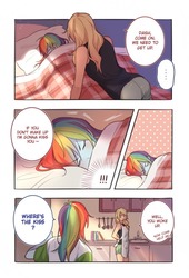 Size: 871x1280 | Tagged: safe, artist:dcon, applejack, rainbow dash, human, equestria girls, g4, apron, bait and switch, bed, clothes, comic, dialogue, female, kitchen, lesbian, ship:appledash, shipping, sleeping, speech bubble