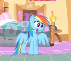 Size: 790x675 | Tagged: safe, screencap, rainbow dash, pegasus, pony, g4, party of one, bed, cute, dashabetes, female, mare, open mouth, solo, spread wings, wings
