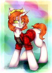 Size: 1800x2500 | Tagged: safe, artist:kooraly, oc, oc only, oc:etoz, pony, unicorn, clothes, crown, eyebrows, fangs, female, happy, horn, jewelry, mare, regalia, shirt, smiling, smirk, solo, t-shirt, wingding eyes