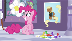Size: 993x559 | Tagged: safe, screencap, pinkie pie, earth pony, pony, a canterlot wedding, g4, board game, cute, diapinkes, female, mare, pin the tail on the pony, smiling, solo, tongue out