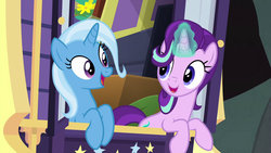 Size: 1920x1080 | Tagged: safe, screencap, starlight glimmer, trixie, pony, unicorn, g4, road to friendship, carriage, female, magic, mare, open mouth, singing, trixie's wagon, wagon, we're friendship bound
