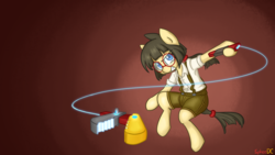 Size: 2732x1536 | Tagged: safe, artist:spheedc, oc, oc only, oc:sphee, earth pony, semi-anthro, arm hooves, bipedal, clothes, digital art, female, filly, glasses, gradient background, mare, solo, suspenders
