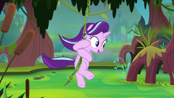 Size: 1920x1080 | Tagged: safe, screencap, starlight glimmer, pony, unicorn, g4, road to friendship, female, mangrove tree, mare, open mouth, solo, swamp, swinging, tree, vine, we're friendship bound