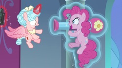 Size: 1920x1080 | Tagged: safe, screencap, cozy glow, pinkie pie, alicorn, pony, g4, the ending of the end, alicornified, cozybuse, cozycorn, evil grin, grin, gun, magic, party bazooka, race swap, say hello to my little friend, smiling, weapon