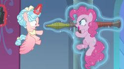 Size: 1345x750 | Tagged: safe, artist:buckweiser, edit, edited screencap, screencap, cozy glow, pinkie pie, alicorn, pony, g4, the ending of the end, >:d, alicornified, bell, bow, cozybuse, cozycorn, evil smile, grin, grogar's bell, levitation, magic, race swap, rpg-7, smiling, surprise motherfucker, tail bow, telekinesis, weapon