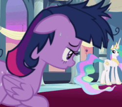 Size: 800x700 | Tagged: safe, screencap, princess celestia, twilight sparkle, alicorn, pony, g4, the last problem, animated, context is for the weak, cropped, female, gif, invisible stallion, mare, messy mane, panting, sweat, twilight sparkle (alicorn)