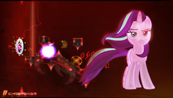 Size: 1920x1080 | Tagged: safe, artist:choefeker, starlight glimmer, pony, unicorn, g4, the ending of the end, badass, cool guys don't look at explosions, explosion, female, geometry dash, leaves, lidded eyes, magic, solo, starlight glimmer in places she shouldn't be, walking away from explosion, windswept mane