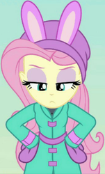 Size: 572x948 | Tagged: safe, screencap, fluttershy, blizzard or bust, equestria girls, equestria girls series, g4, holidays unwrapped, spoiler:eqg series (season 2), bunny ears, clothes, cropped, female, fluttershy is not amused, jacket, lidded eyes, mittens, solo, unamused, winter hat, winter outfit