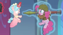 Size: 1344x752 | Tagged: safe, artist:buckweiser, edit, edited screencap, screencap, cozy glow, pinkie pie, alicorn, pony, g4, the ending of the end, afghanistan, alicornified, bow, clothes, cozybuse, cozycorn, evil grin, grin, grogar's bell, jamsheed, levitation, magic, military uniform, party bazooka, race swap, rpg-7, smiling, surprise motherfucker, tail bow, telekinesis, this will end in death, this will end in explosions, this will end in pain and/or death, uniform, weapon