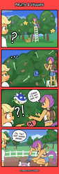 Size: 550x1622 | Tagged: safe, artist:lumineko, applejack, scootaloo, cow, earth pony, pegasus, anthro, g4, backpack, bandana, blue shell, carrot, clothes, comic, energy tank, exclamation point, female, foaming at the mouth, food, frothing, grapes, hooves, interrobang, maxim tomato, midriff, potato, question mark, shorts, stars, tank top, udder, watermelon, wings