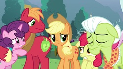 Size: 1920x1080 | Tagged: safe, screencap, apple bloom, applejack, big macintosh, granny smith, sugar belle, earth pony, pony, g4, the ending of the end