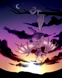 Size: 2777x3500 | Tagged: safe, artist:djkaskan, oc, oc only, bat pony, pony, high res, moon, sleepy, solo, sun, tree branch, upside down