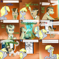 Size: 2254x2254 | Tagged: safe, artist:craftykraken, derpy hooves, doctor whooves, time turner, earth pony, pegasus, pony, lovestruck derpy, g4, ask, crossover, doctor who, duo, female, floppy ears, high res, male, mare, sonic screwdriver, stallion, tardis, tardis console room, tardis control room, the doctor, tumblr
