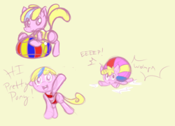 Size: 1050x756 | Tagged: safe, artist:retl, oc, oc only, oc:puppysmiles, pony, beach ball, bikini, blonde mane, clothes, female, filly, one-piece swimsuit, pink eyes, red swimsuit, swimsuit, two toned mane, yellow swimsuit