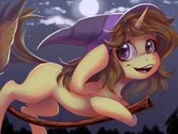 Size: 1600x1200 | Tagged: safe, artist:falafeljake, oc, oc only, oc:astral flare, pony, unicorn, broom, clothes, costume, flying, flying broomstick, full moon, halloween, halloween costume, hat, holiday, moon, night, open mouth, smiling, solo, stars, witch hat, ych result