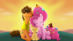 Size: 5600x3150 | Tagged: safe, artist:infogirl101, cheese sandwich, li'l cheese, pinkie pie, earth pony, pony, g4, the last problem, cute, diacheeses, diapinkes, eyes closed, family, female, filly, li'l cuteese, male, mare, older, older cheese sandwich, older cheesepie, older pinkie pie, ship:cheesepie, shipping, sitting, smiling, stallion, straight, sunset