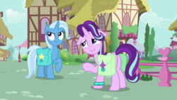 Size: 1920x1080 | Tagged: safe, screencap, starlight glimmer, trixie, pony, unicorn, g4, student counsel, bracelet, butt, duo, female, floppy ears, jewelry, mare, plot, saddle bag