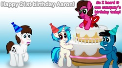 Size: 3840x2160 | Tagged: safe, artist:agkandphotomaker2000, dj pon-3, vinyl scratch, oc, oc:brain teaser, oc:pony video maker, oc:rose bloom, earth pony, pegasus, pony, unicorn, g4, bipedal, birthday, birthday cake, birthday card, birthday hats, brainbloom, cake, canon x oc, food, high res, oc x oc, popping out of a cake, shipping, surprise cake, videoscratch