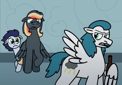 Size: 2048x1416 | Tagged: safe, artist:kindheart525, soarin', oc, oc:paint swirl, oc:thunderbolt, pegasus, pony, kindverse, g4, bottle, facial hair, moustache, mullet, parent oc, previous generation, trio