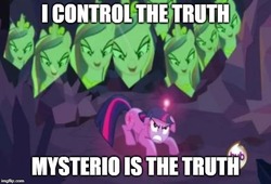 Size: 605x412 | Tagged: safe, edit, edited screencap, screencap, queen chrysalis, twilight sparkle, a canterlot wedding, g4, caption, fake cadance, image macro, meme, mysterio, spider-man: far from home, text