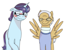 Size: 1021x783 | Tagged: safe, artist:kindheart525, oc, oc only, oc:chipper chatter, oc:royal splendor, pegasus, pony, unicorn, kindverse, blushing, gay, glasses, male, offspring, parent:bulk biceps, parent:derpy hooves, parent:fancypants, parent:rarity, parents:derpybulk, parents:raripants