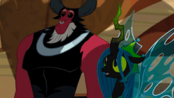 Size: 600x338 | Tagged: safe, screencap, lord tirek, queen chrysalis, changeling, changeling queen, g4, the ending of the end, animated, female, implied cozy glow, male, offscreen character, race swap, shadow
