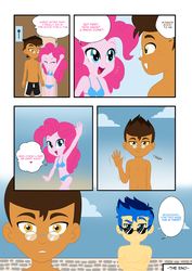 Size: 2480x3507 | Tagged: safe, artist:susuki-san, flash sentry, pinkie pie, oc, oc:copper plume, comic:the copperpie chronicles, comic:the copperpie chronicles - beach day, equestria girls, g4, aftersex, armpits, beach, bikini, bikini babe, blue bikini, breasts, canon x oc, cleavage, clothes, comic, commission, commissioner:imperfectxiii, copperpie, crossed arms, dialogue, female, freckles, glasses, high res, male, partial nudity, shipping, smug, straight, stretching, sunglasses, swimming trunks, swimsuit, topless, waving, wide eyes