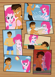 Size: 2480x3507 | Tagged: safe, artist:susuki-san, pinkie pie, oc, oc:copper plume, comic:the copperpie chronicles, comic:the copperpie chronicles - beach day, equestria girls, :p, armpits, beach, beach ball, bedroom eyes, bikini, bikini babe, blue bikini, breasts, canon x oc, cleavage, clothes, comic, commission, commissioner:imperfectxiii, copperpie, eyes closed, faceless male, female, freckles, glasses, holding hands, kissing, laughing, looking at you, looking back, looking back at you, looking over shoulder, male, offscreen character, one eye closed, partial nudity, photo, sandcastle, selfie, shipping, smiling, snowcone, splashing, straight, sunscreen, sunset, swimming trunks, swimsuit, tongue out, topless, towel, water