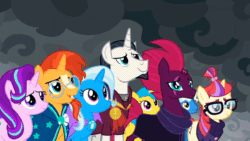 Size: 600x338 | Tagged: safe, screencap, chancellor neighsay, fizzlepop berrytwist, lemon hearts, moondancer, pokey pierce, sea swirl, seafoam, starlight glimmer, sunburst, tempest shadow, trixie, pony, unicorn, g4, season 9, the ending of the end, animated, background pony, broken horn, cape, clothes, cute, eye scar, female, glasses, horn, looking at each other, male, mare, neighsaybetes, robe, scar, shipping fuel, smiling, stallion, sunburst's cloak, trixie's cape, when he smiles, when she smiles